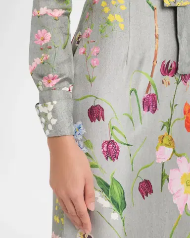 Oscar de la Renta Long-Sleeve Mixed Botanical Silk Scarf-Neck Midi Dress | Thumbnail 5 Oscar de la Renta Long-Sleeve Mixed Botanical Silk Scarf-Neck Midi Dress | Thumbnail 5