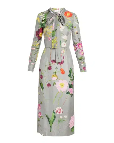 Oscar de la Renta Long-Sleeve Mixed Botanical Silk Scarf-Neck Midi Dress | Thumbnail 1 Oscar de la Renta Long-Sleeve Mixed Botanical Silk Scarf-Neck Midi Dress | Thumbnail 1