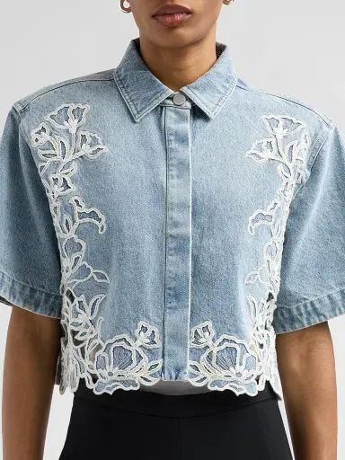 Simkhai Women's Albaine Floral-Embroidered Denim Shirt | Thumbnail 5 Simkhai Women's Albaine Floral-Embroidered Denim Shirt | Thumbnail 5