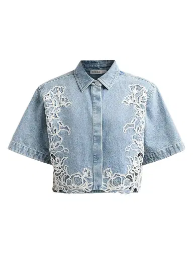 Simkhai Women's Albaine Floral-Embroidered Denim Shirt | Thumbnail 1 Simkhai Women's Albaine Floral-Embroidered Denim Shirt | Thumbnail 1