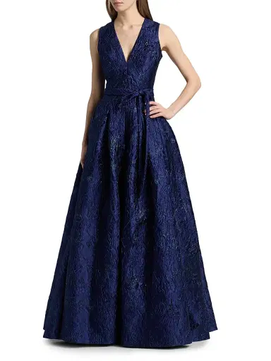 Reem Acra Women's Metallic Brocade Belted Ballgown - Navy - Size 12 | Thumbnail 3 Reem Acra Women's Metallic Brocade Belted Ballgown - Navy - Size 12 | Thumbnail 3