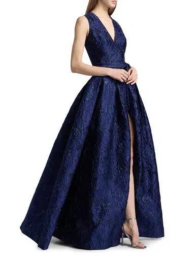 Reem Acra Women's Metallic Brocade Belted Ballgown - Navy - Size 12 | Thumbnail 4 Reem Acra Women's Metallic Brocade Belted Ballgown - Navy - Size 12 | Thumbnail 4