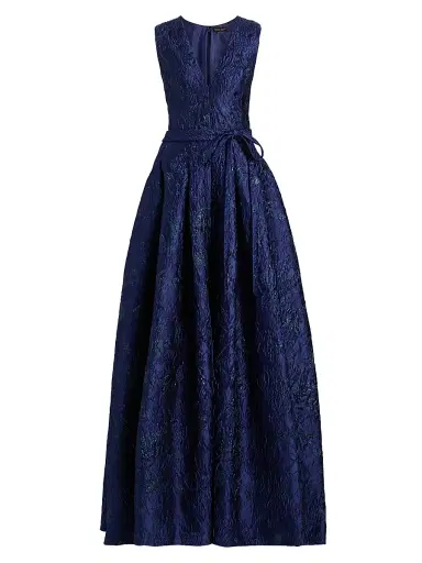 Reem Acra Women's Metallic Brocade Belted Ballgown - Navy - Size 12 | Thumbnail 1 Reem Acra Women's Metallic Brocade Belted Ballgown - Navy - Size 12 | Thumbnail 1