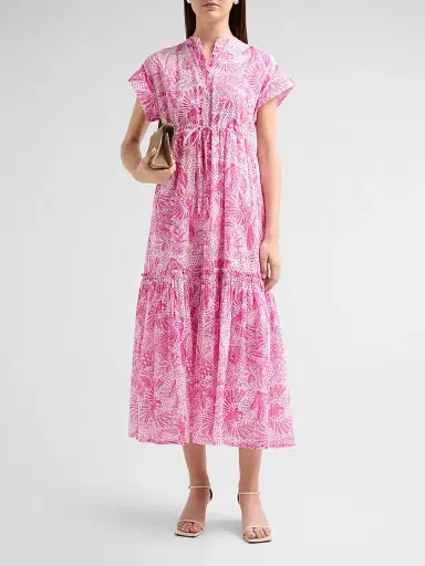 Ro's Garden Women's Mumi Floral Cotton Tie Midi Dress - Pink Lush Island | Thumbnail 2 Ro's Garden Women's Mumi Floral Cotton Tie Midi Dress - Pink Lush Island | Thumbnail 2