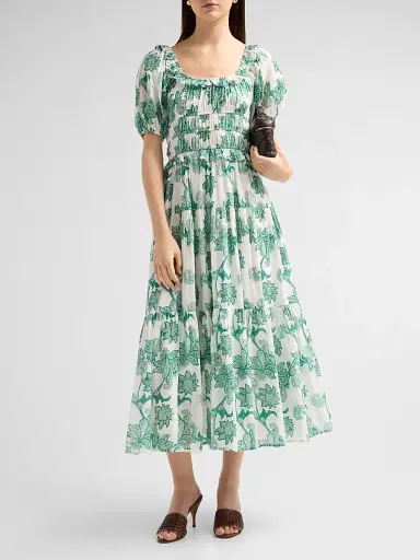 Ro's Garden Women's Percy Floral Cotton Tiered Midi Dress - Green Tropicalia | Thumbnail 2 Ro's Garden Women's Percy Floral Cotton Tiered Midi Dress - Green Tropicalia | Thumbnail 2