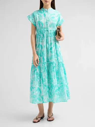 Ro's Garden Women's Mumi Floral Cotton Tie Midi Dress - Green Lush Island | Thumbnail 2 Ro's Garden Women's Mumi Floral Cotton Tie Midi Dress - Green Lush Island | Thumbnail 2