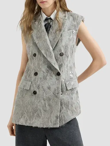 Brunello Cucinelli Women's Virgin Wool and Cashmere Twill Flannel Vest with Dazzling Lynx Embroidery - Grey | Thumbnail 2 Brunello Cucinelli Women's Virgin Wool and Cashmere Twill Flannel Vest with Dazzling Lynx Embroidery - Grey | Thumbnail 2