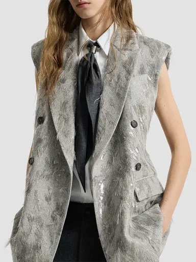 Brunello Cucinelli Women's Virgin Wool and Cashmere Twill Flannel Vest with Dazzling Lynx Embroidery - Grey | Thumbnail 4 Brunello Cucinelli Women's Virgin Wool and Cashmere Twill Flannel Vest with Dazzling Lynx Embroidery - Grey | Thumbnail 4