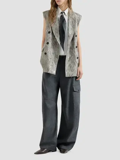Brunello Cucinelli Women's Virgin Wool and Cashmere Twill Flannel Vest with Dazzling Lynx Embroidery - Grey | Thumbnail 6 Brunello Cucinelli Women's Virgin Wool and Cashmere Twill Flannel Vest with Dazzling Lynx Embroidery - Grey | Thumbnail 6