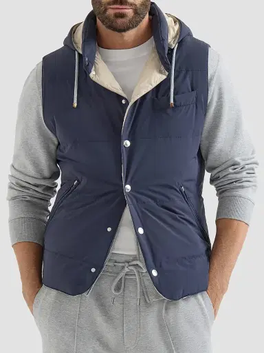 Brunello Cucinelli Men's Bonded Nylon Down Vest with Detachable Hood - Blue | Thumbnail 2 Brunello Cucinelli Men's Bonded Nylon Down Vest with Detachable Hood - Blue | Thumbnail 2