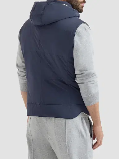 Brunello Cucinelli Men's Bonded Nylon Down Vest with Detachable Hood - Blue | Thumbnail 3 Brunello Cucinelli Men's Bonded Nylon Down Vest with Detachable Hood - Blue | Thumbnail 3