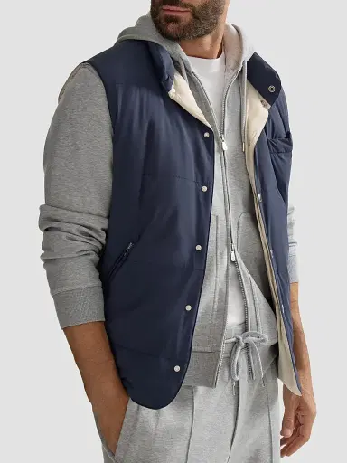 Brunello Cucinelli Men's Bonded Nylon Down Vest with Detachable Hood - Blue | Thumbnail 4 Brunello Cucinelli Men's Bonded Nylon Down Vest with Detachable Hood - Blue | Thumbnail 4