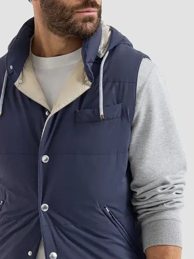 Brunello Cucinelli Men's Bonded Nylon Down Vest with Detachable Hood - Blue | Thumbnail 5 Brunello Cucinelli Men's Bonded Nylon Down Vest with Detachable Hood - Blue | Thumbnail 5
