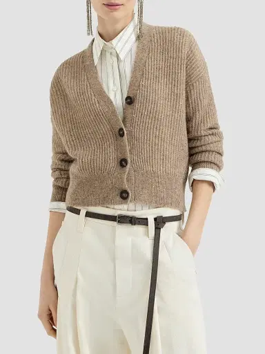 Brunello Cucinelli Women's Mohair, Cotton and Wool Diamond Yarn English Rib Cardigan - Light Brown | Thumbnail 2 Brunello Cucinelli Women's Mohair, Cotton and Wool Diamond Yarn English Rib Cardigan - Light Brown | Thumbnail 2