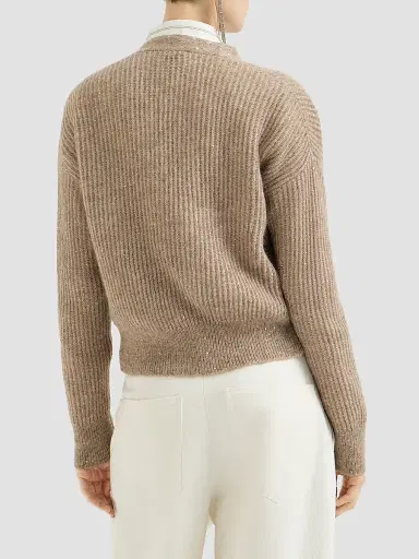 Brunello Cucinelli Women's Mohair, Cotton and Wool Diamond Yarn English Rib Cardigan - Light Brown | Thumbnail 3 Brunello Cucinelli Women's Mohair, Cotton and Wool Diamond Yarn English Rib Cardigan - Light Brown | Thumbnail 3