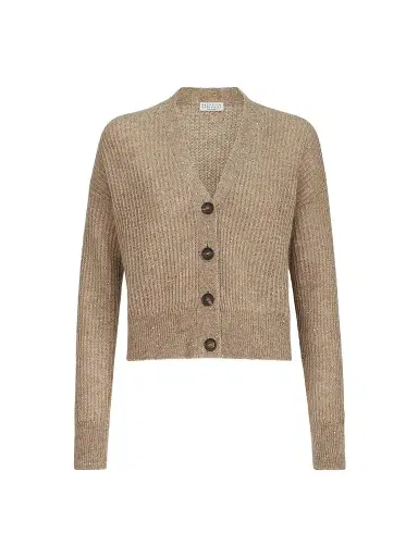Brunello Cucinelli Women's Mohair, Cotton and Wool Diamond Yarn English Rib Cardigan - Light Brown | Thumbnail 1 Brunello Cucinelli Women's Mohair, Cotton and Wool Diamond Yarn English Rib Cardigan - Light Brown | Thumbnail 1
