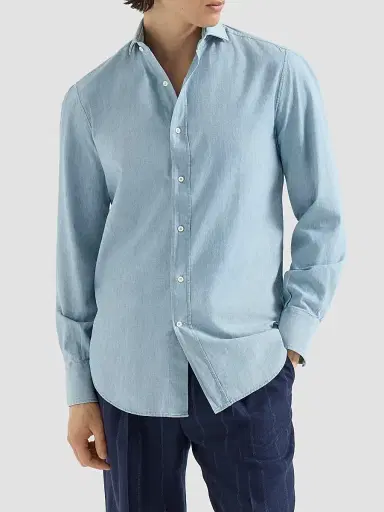 Brunello Cucinelli Men's Denim-Effect Chambray Shirt with Spread Collar - Medium Denim - Size XXXXL | Thumbnail 2 Brunello Cucinelli Men's Denim-Effect Chambray Shirt with Spread Collar - Medium Denim - Size XXXXL | Thumbnail 2