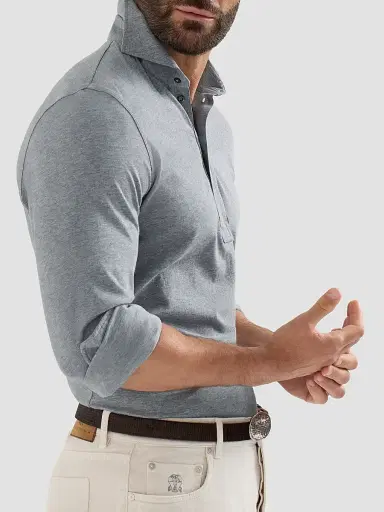 Brunello Cucinelli Men's Cotton Jersey Long Sleeve Polo Shirt | Thumbnail 5 Brunello Cucinelli Men's Cotton Jersey Long Sleeve Polo Shirt | Thumbnail 5
