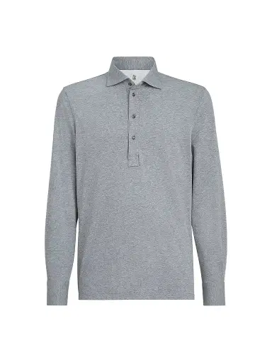 Brunello Cucinelli Men's Cotton Jersey Long Sleeve Polo Shirt | Thumbnail 1 Brunello Cucinelli Men's Cotton Jersey Long Sleeve Polo Shirt | Thumbnail 1