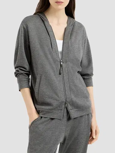 Brunello Cucinelli Women's Cotton and Silk Interlock Hooded Sweatshirt - Dark Grey | Thumbnail 2 Brunello Cucinelli Women's Cotton and Silk Interlock Hooded Sweatshirt - Dark Grey | Thumbnail 2