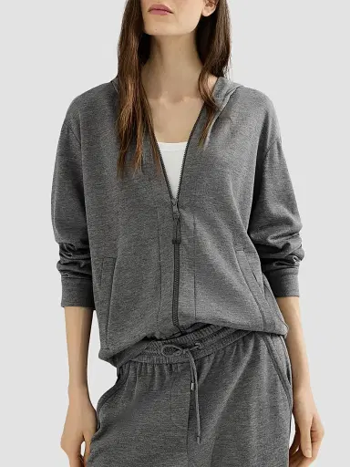 Brunello Cucinelli Women's Cotton and Silk Interlock Hooded Sweatshirt - Dark Grey | Thumbnail 4 Brunello Cucinelli Women's Cotton and Silk Interlock Hooded Sweatshirt - Dark Grey | Thumbnail 4