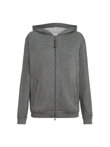 Brunello Cucinelli Women's Cotton and Silk Interlock Hooded Sweatshirt - Dark Grey | Thumbnail 1 Brunello Cucinelli Women's Cotton and Silk Interlock Hooded Sweatshirt - Dark Grey | Thumbnail 1