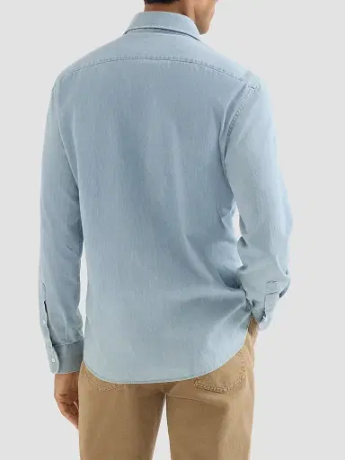 Brunello Cucinelli Men's Lightweight Denim Shirt with Spread Collar | Thumbnail 3 Brunello Cucinelli Men's Lightweight Denim Shirt with Spread Collar | Thumbnail 3