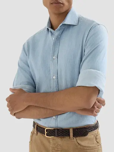 Brunello Cucinelli Men's Lightweight Denim Shirt with Spread Collar | Thumbnail 4 Brunello Cucinelli Men's Lightweight Denim Shirt with Spread Collar | Thumbnail 4