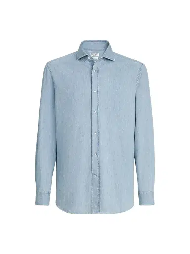 Brunello Cucinelli Men's Lightweight Denim Shirt with Spread Collar | Thumbnail 1 Brunello Cucinelli Men's Lightweight Denim Shirt with Spread Collar | Thumbnail 1