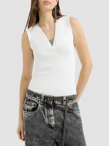 Brunello Cucinelli Women's Stretch Cotton Jersey T-Shirt with Precious Faux-Layering - White | Thumbnail 2 Brunello Cucinelli Women's Stretch Cotton Jersey T-Shirt with Precious Faux-Layering - White | Thumbnail 2