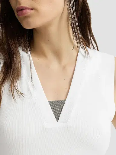 Brunello Cucinelli Women's Stretch Cotton Jersey T-Shirt with Precious Faux-Layering - White | Thumbnail 4 Brunello Cucinelli Women's Stretch Cotton Jersey T-Shirt with Precious Faux-Layering - White | Thumbnail 4