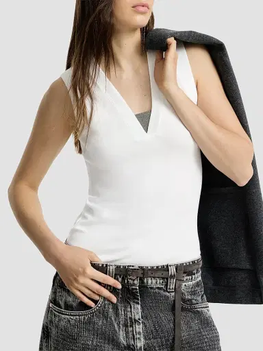 Brunello Cucinelli Women's Stretch Cotton Jersey T-Shirt with Precious Faux-Layering - White | Thumbnail 5 Brunello Cucinelli Women's Stretch Cotton Jersey T-Shirt with Precious Faux-Layering - White | Thumbnail 5