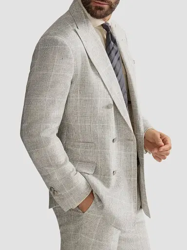 Brunello Cucinelli Men's Linen Prince of Wales One-and-a-Half Breasted Deconstructed Blazer - Panama | Thumbnail 4 Brunello Cucinelli Men's Linen Prince of Wales One-and-a-Half Breasted Deconstructed Blazer - Panama | Thumbnail 4