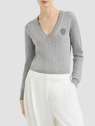 Brunello Cucinelli Women's Cotton Ribbed Sweater - Grey | Thumbnail 2 Brunello Cucinelli Women's Cotton Ribbed Sweater - Grey | Thumbnail 2
