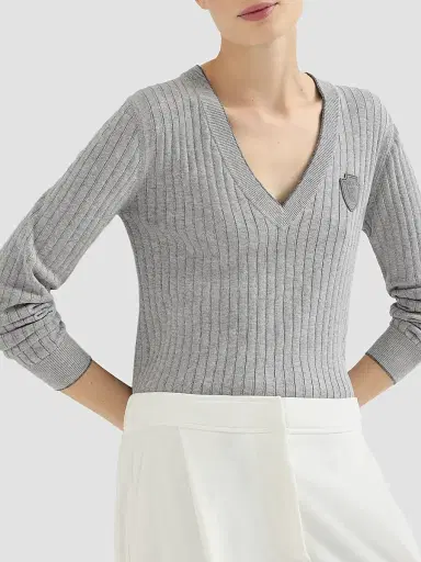 Brunello Cucinelli Women's Cotton Ribbed Sweater - Grey | Thumbnail 4 Brunello Cucinelli Women's Cotton Ribbed Sweater - Grey | Thumbnail 4