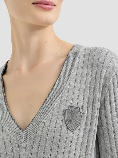 Brunello Cucinelli Women's Cotton Ribbed Sweater - Grey | Thumbnail 5 Brunello Cucinelli Women's Cotton Ribbed Sweater - Grey | Thumbnail 5