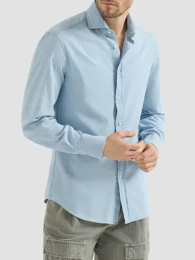 Brunello Cucinelli Men's Denim-Effect Chambray Shirt with Spread Collar - Medium Denim - Size XXXXL | Thumbnail 2 Brunello Cucinelli Men's Denim-Effect Chambray Shirt with Spread Collar - Medium Denim - Size XXXXL | Thumbnail 2