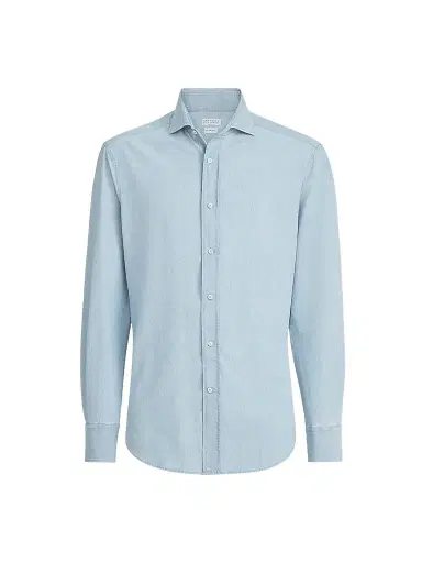 Brunello Cucinelli Men's Denim-Effect Chambray Shirt with Spread Collar - Medium Denim - Size XXXXL | Thumbnail 1 Brunello Cucinelli Men's Denim-Effect Chambray Shirt with Spread Collar - Medium Denim - Size XXXXL | Thumbnail 1