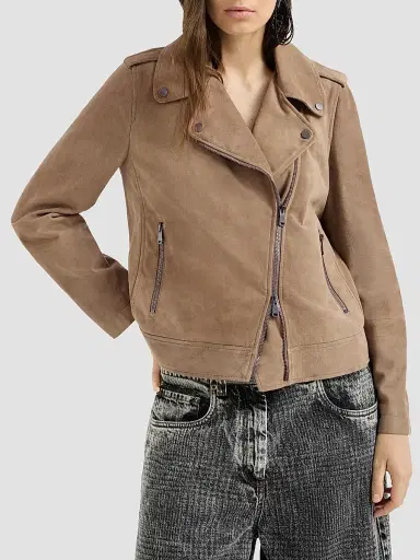 Brunello Cucinelli Women's Suede Biker Jacket | Thumbnail 2 Brunello Cucinelli Women's Suede Biker Jacket | Thumbnail 2