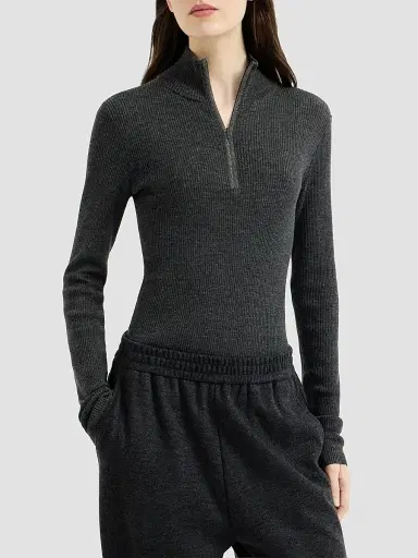 Brunello Cucinelli Women's Virgin Wool and Cashmere Lightweight Ribbed Turtleneck Sweater - Anthracite | Thumbnail 2 Brunello Cucinelli Women's Virgin Wool and Cashmere Lightweight Ribbed Turtleneck Sweater - Anthracite | Thumbnail 2