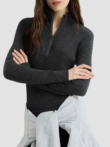 Brunello Cucinelli Women's Virgin Wool and Cashmere Lightweight Ribbed Turtleneck Sweater - Anthracite | Thumbnail 4 Brunello Cucinelli Women's Virgin Wool and Cashmere Lightweight Ribbed Turtleneck Sweater - Anthracite | Thumbnail 4