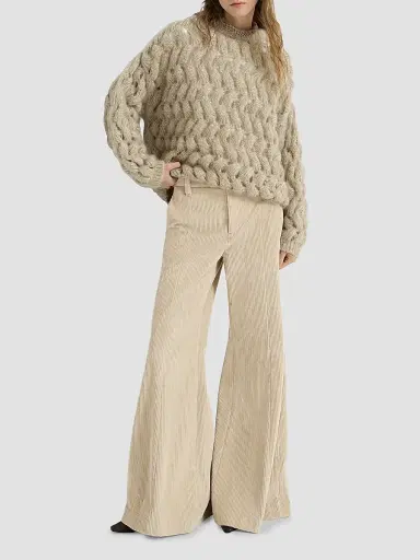 Brunello Cucinelli Women's Cotton Corduroy Wide Flare Trousers - Cream | Thumbnail 4 Brunello Cucinelli Women's Cotton Corduroy Wide Flare Trousers - Cream | Thumbnail 4