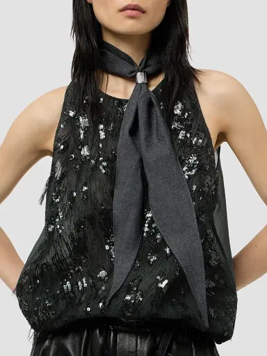 Brunello Cucinelli Women's Crispy Silk Top with Dazzling Lynx Embroidery | Thumbnail 5 Brunello Cucinelli Women's Crispy Silk Top with Dazzling Lynx Embroidery | Thumbnail 5
