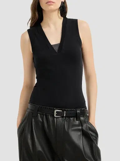 Brunello Cucinelli Women's Stretch Cotton Jersey T-Shirt with Precious Faux-Layering - Black | Thumbnail 2 Brunello Cucinelli Women's Stretch Cotton Jersey T-Shirt with Precious Faux-Layering - Black | Thumbnail 2