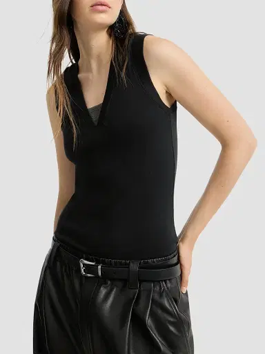 Brunello Cucinelli Women's Stretch Cotton Jersey T-Shirt with Precious Faux-Layering - Black | Thumbnail 5 Brunello Cucinelli Women's Stretch Cotton Jersey T-Shirt with Precious Faux-Layering - Black | Thumbnail 5