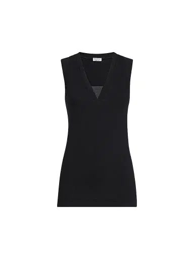 Brunello Cucinelli Women's Stretch Cotton Jersey T-Shirt with Precious Faux-Layering - Black | Thumbnail 1 Brunello Cucinelli Women's Stretch Cotton Jersey T-Shirt with Precious Faux-Layering - Black | Thumbnail 1