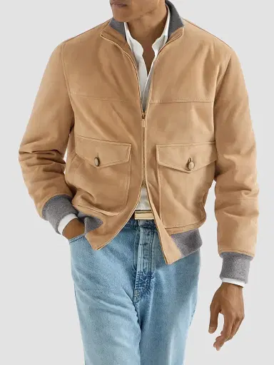 Brunello Cucinelli Men's Suede Bomber Jacket with Thermore Padding - Sand | Thumbnail 2 Brunello Cucinelli Men's Suede Bomber Jacket with Thermore Padding - Sand | Thumbnail 2