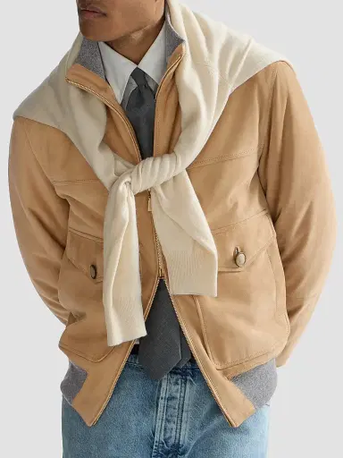 Brunello Cucinelli Men's Suede Bomber Jacket with Thermore Padding - Sand | Thumbnail 4 Brunello Cucinelli Men's Suede Bomber Jacket with Thermore Padding - Sand | Thumbnail 4