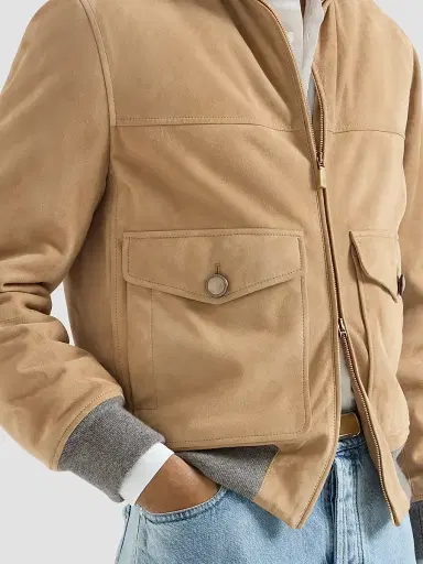 Brunello Cucinelli Men's Suede Bomber Jacket with Thermore Padding - Sand | Thumbnail 5 Brunello Cucinelli Men's Suede Bomber Jacket with Thermore Padding - Sand | Thumbnail 5