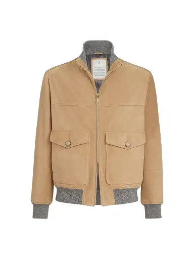 Brunello Cucinelli Men's Suede Bomber Jacket with Thermore Padding - Sand | Thumbnail 1 Brunello Cucinelli Men's Suede Bomber Jacket with Thermore Padding - Sand | Thumbnail 1